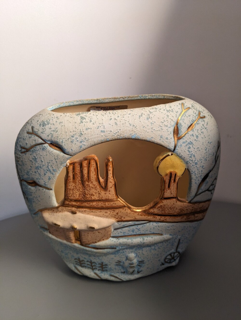 Apache Junction Candle Lantern 22k Gold Trim Winter Cabin Ceramic Decor